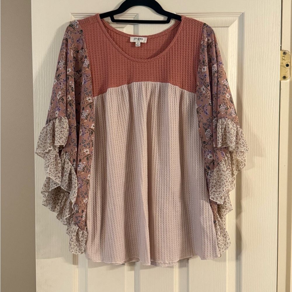 Women's Floral Ruffle Sleeve Top - Pink